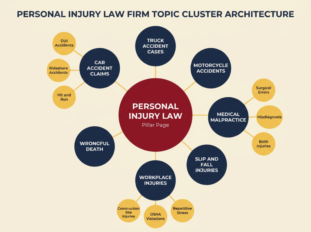 Topic cluster diagram for a personal injury law firm website, with Personal Injury Law as the central pillar page connected to seven cluster topics — car accident claims, truck accident cases, motorcycle accidents, slip and fall injuries, medical malpractice, workplace injuries, and wrongful death — and three of those topics branching into second-level subtopics.
