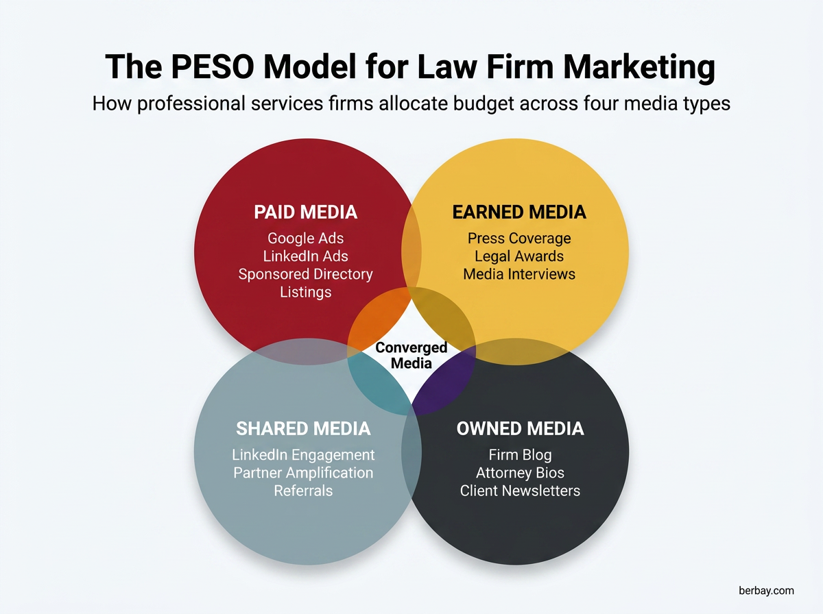 The PESO Model: How Law Firms Allocate Marketing Budget Across Four Media Types - Berbay Marketing & PR PESO model diagram showing paid, earned, shared, and owned media examples for law firm marketing budget allocation