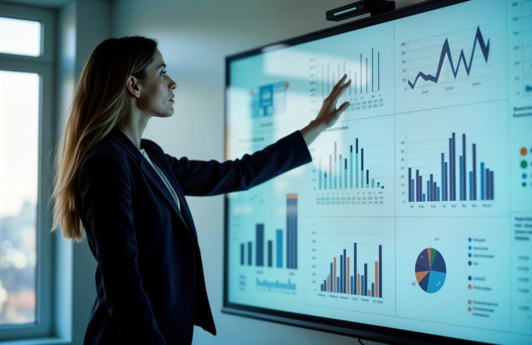 Businesswoman presents data driven e commerce strategy. Points to charts, graphs on large interactive display in meeting room. Display shows various metrics, trends. Pro, confident atmosphere.