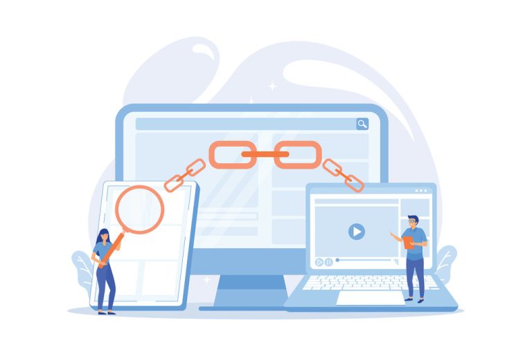 Online communication technology, internet business, marketing research. Link building, main SEO strategies, search engine optimization concept. flat vector modern illustration