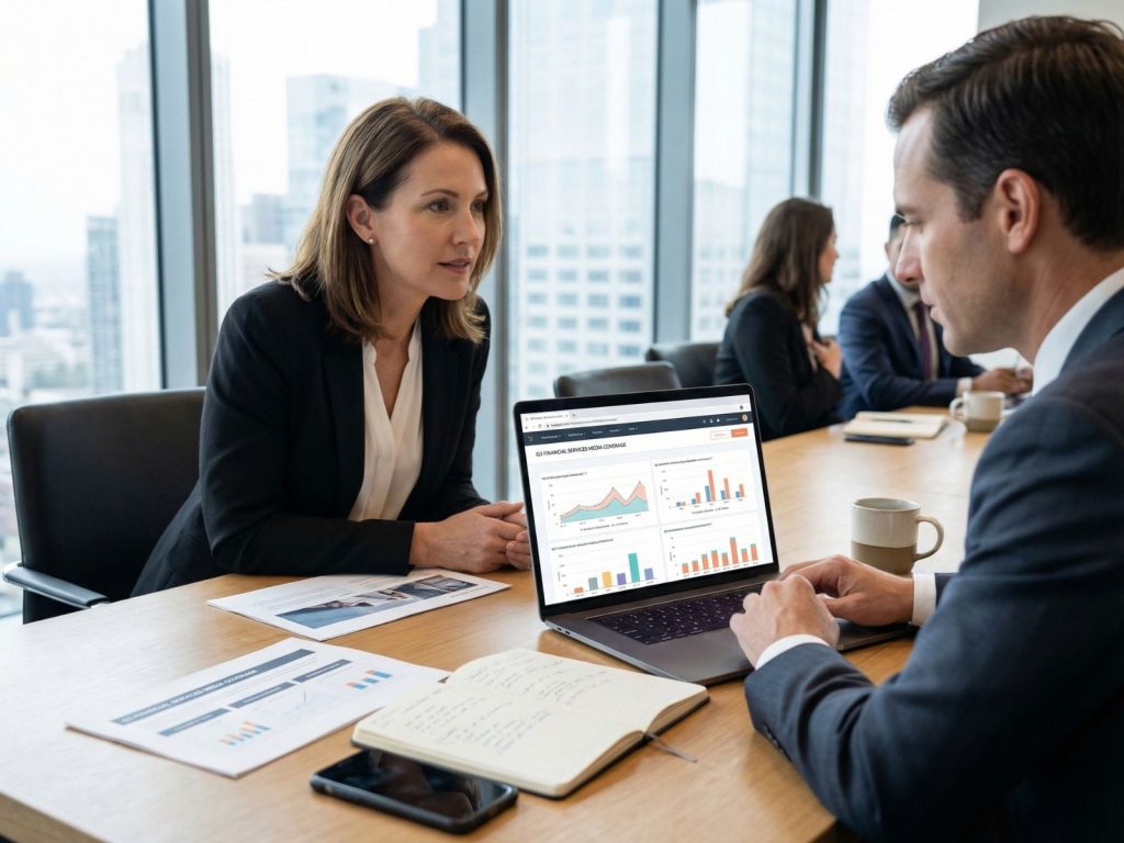 Financial Services Marketing Strategy Meeting Reviewing HubSpot - Berbay Marketing & PR Marketing advisor reviewing financial services campaign analytics with a client during a strategy meeting