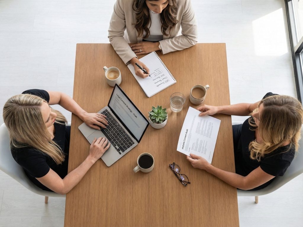 Law Firm Copywriting and Content and Strategy Planning - Berbay Marketing & PR Top-down view of team reviewing law firm website content, SEO notes, and strategy documents at a modern office table