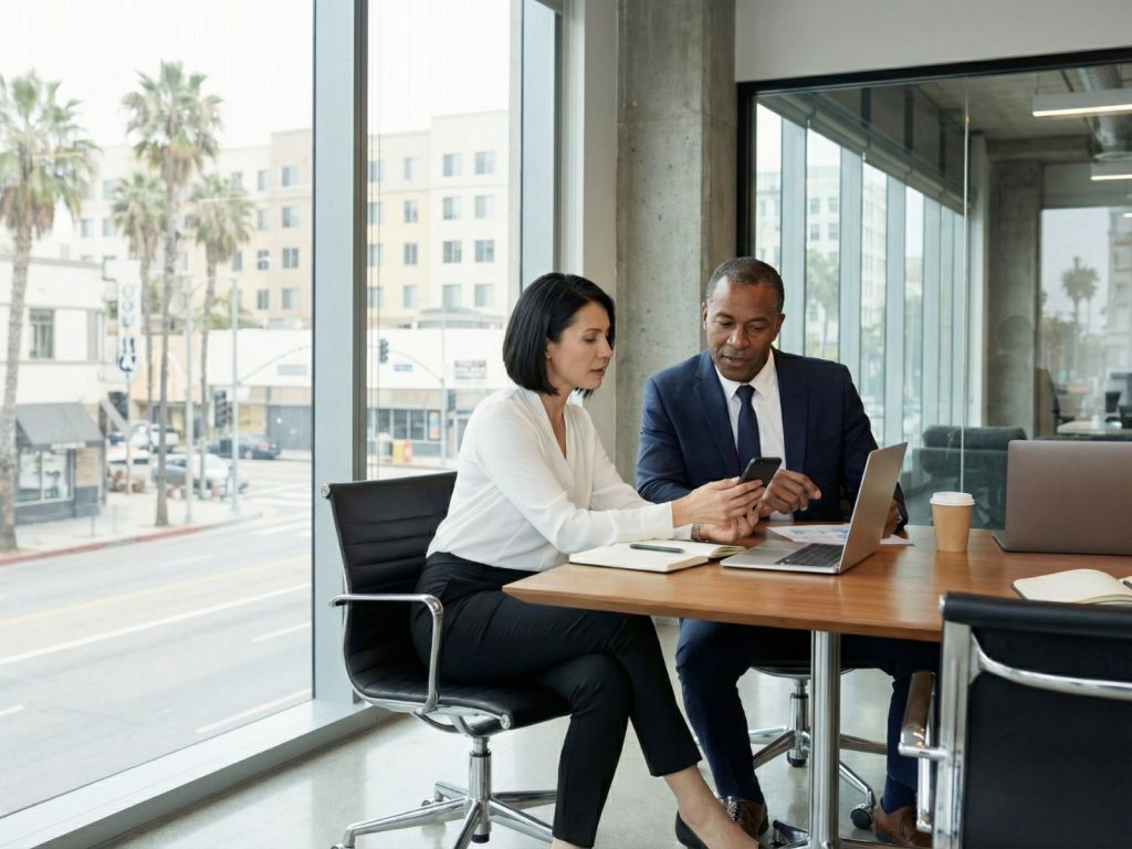 PR Advisor Working with Law Firm Leadership - Berbay Marketing & PR PR professional reviewing marketing strategy with law firm partner during a planning meeting