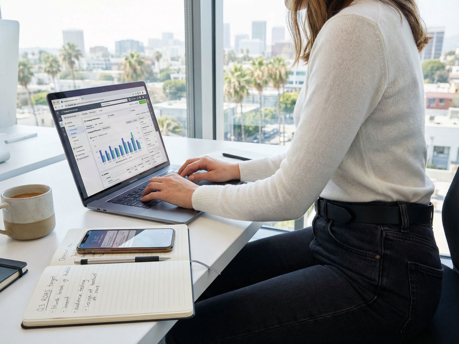 PR Professional Reviewing Facebook Ad Campaign Performance - Berbay Marketing & PR Professional woman working on Facebook Ads campaign performance dashboard on a laptop