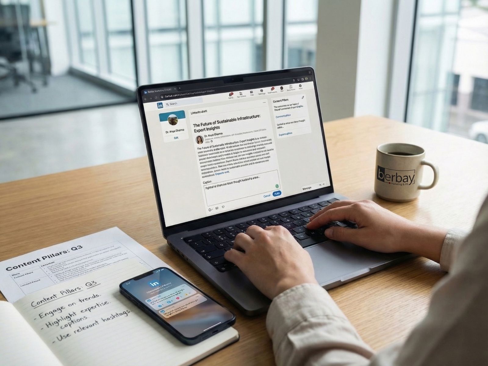 Professional Social Media Content Planning On LinkedIn (1) - Berbay Marketing & PR Marketing professional drafting a LinkedIn thought leadership post while reviewing social media content strategy notes