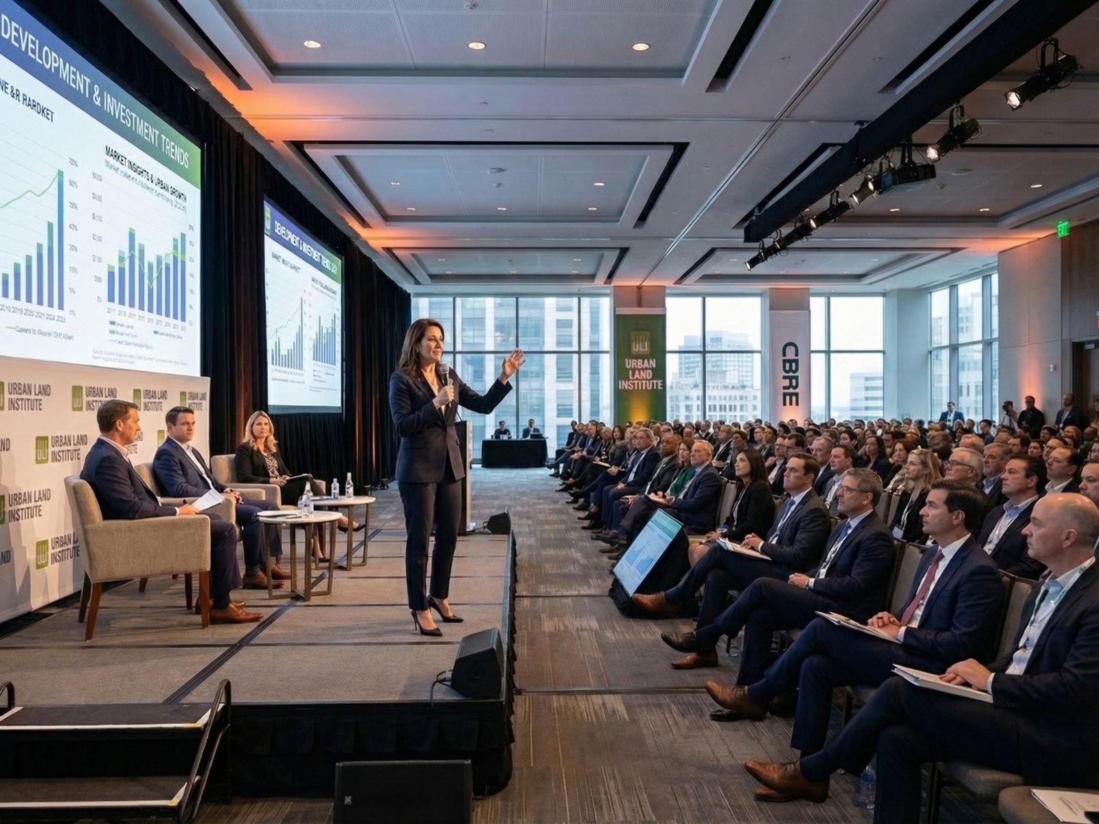Real estate executive speaking during an industry conference panel discussion