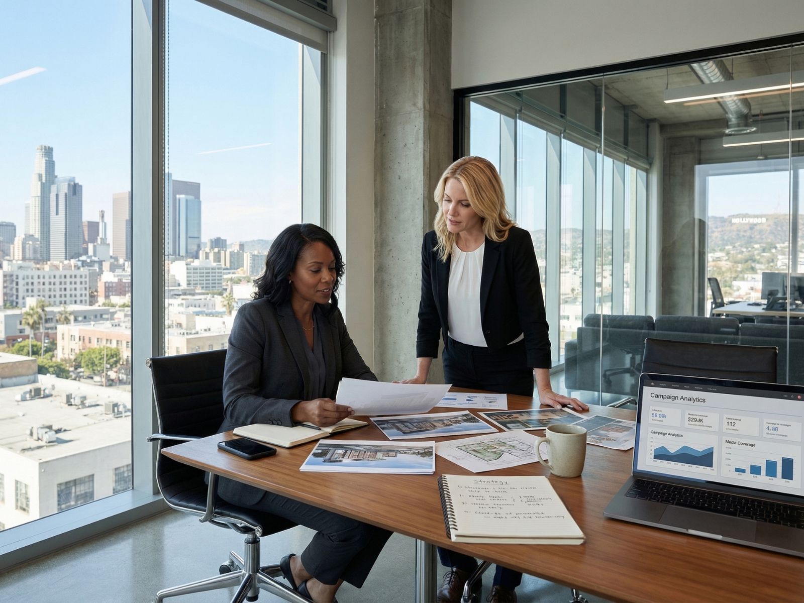 Real estate executive and marketing advisor reviewing development plans and campaign strategy in a Los Angeles office