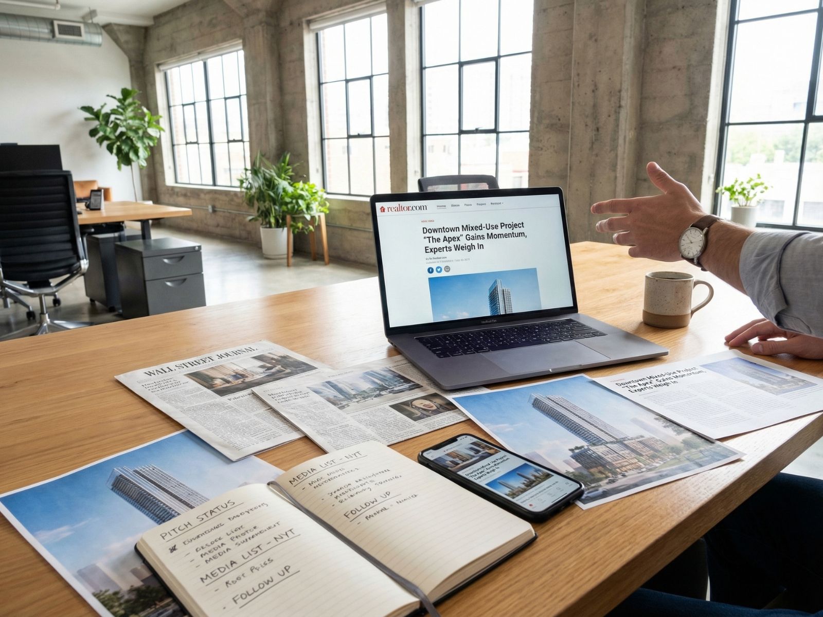 Laptop displaying real estate development news coverage with PR planning materials on desk