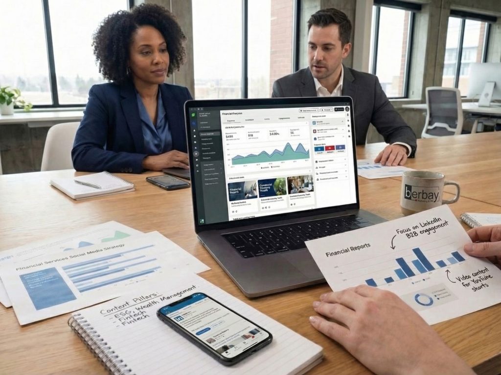 Social Media Marketing Strategy for Financial Firms - Berbay Marketing & PR Financial services social media strategy dashboard with analytics reports and LinkedIn content planning