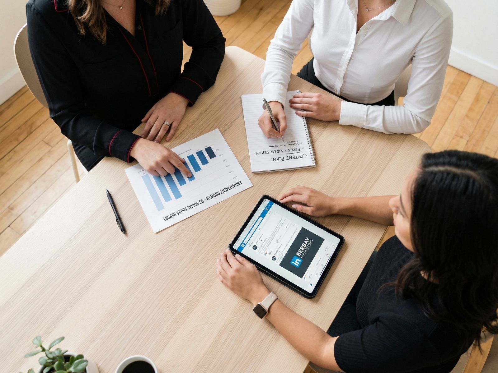 Social Media Strategy Planning Session - Berbay Marketing & PR Marketing team reviewing social media engagement analytics and LinkedIn content strategy during a planning meeting