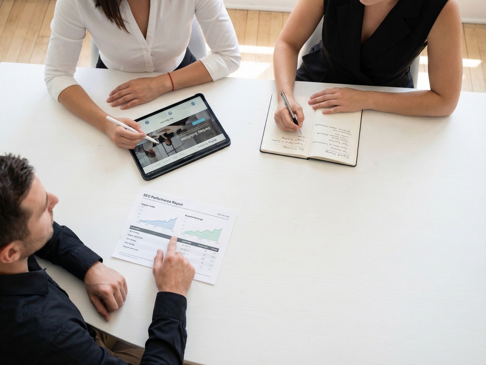 Website Design and SEO Strategy Session - Berbay Marketing & PR Marketing team reviewing SEO performance report and website design mockup during a strategy meeting