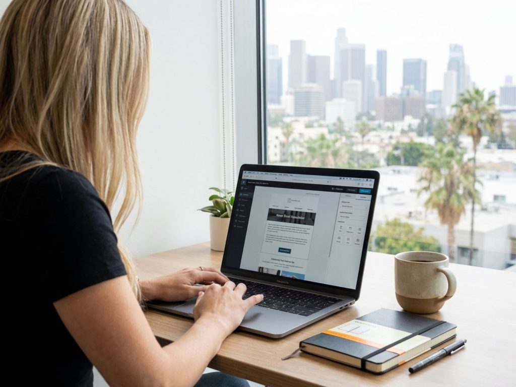 PR professional creating email newsletter on laptop