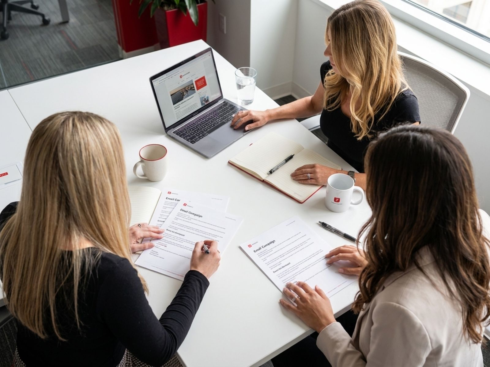 Marketing team reviewing email campaign plans and content