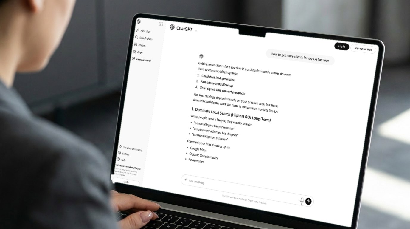 Laptop showing ChatGPT answering a law firm's client question, illustrating law firm search optimization in the AI era
