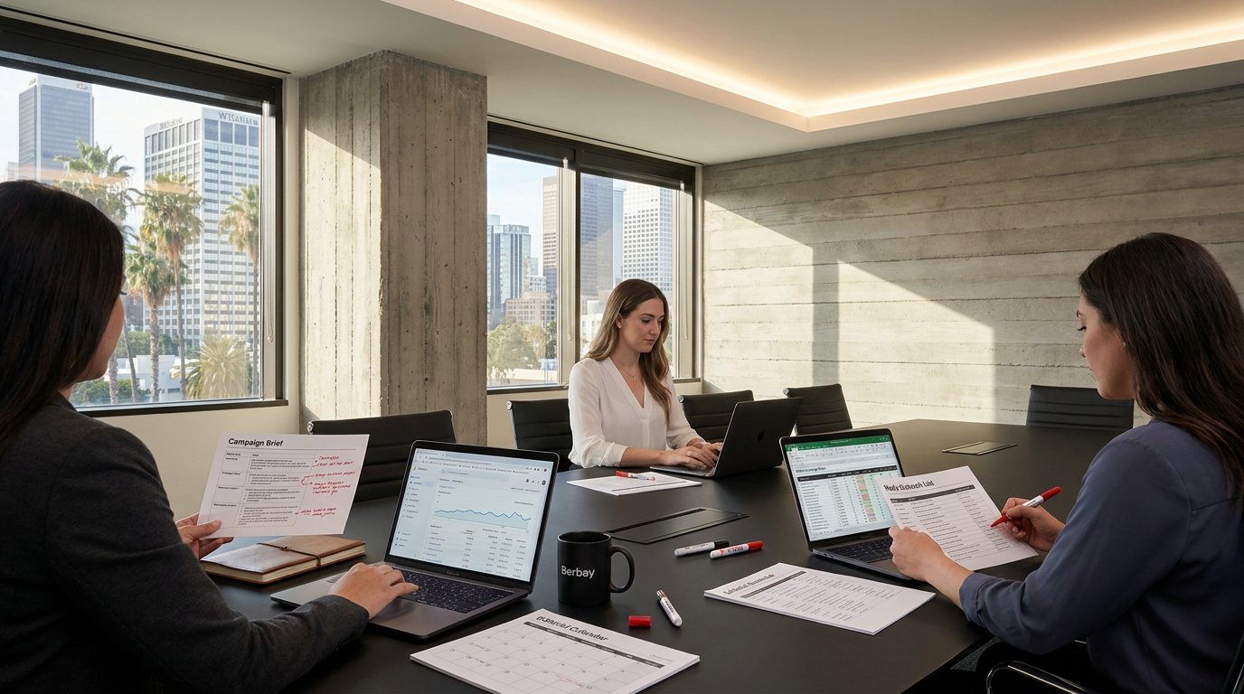 Three marketing strategists collaborate around a conference table reviewing a campaign brief and editorial calendar