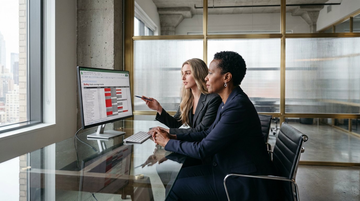 Reviewing a Media Coverage Tracker With a Client - Berbay Marketing & PR An advisor and a managing partner review a media coverage tracker on a desktop monitor