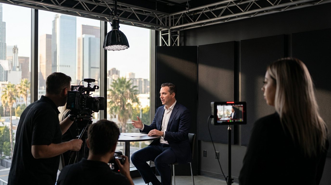 Client Media Interview in a Los Angeles Studio - Berbay Marketing & PR A professional services executive answers questions during a televised interview as two camera operators film