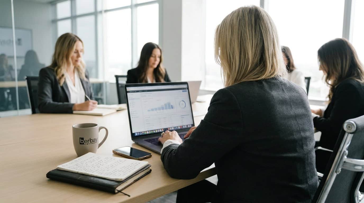 A Berbay strategist writing lawyer SEO content at a laptop in a modern office