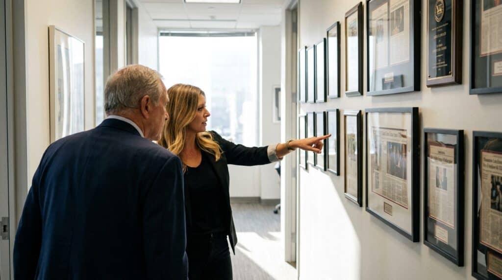Berbay advisor pointing out framed press coverage to a law firm partner in an office hallway