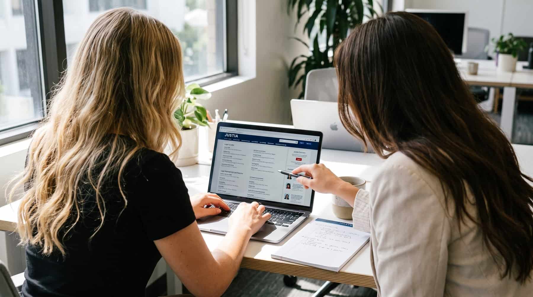 Two Berbay strategists reviewing a law firm's Justia lawyer directory listing together at a laptop
