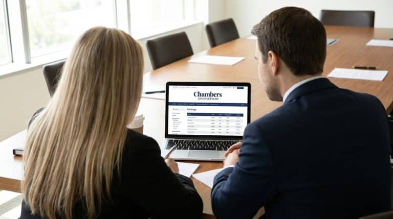 Berbay strategist reviewing the Chambers and Partners rankings website with a law firm partner
