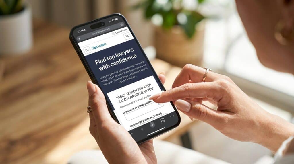 Searching the Super Lawyers Directory on Mobile - Berbay Marketing & PR Woman searching the Super Lawyers directory for a top rated lawyer on a phone