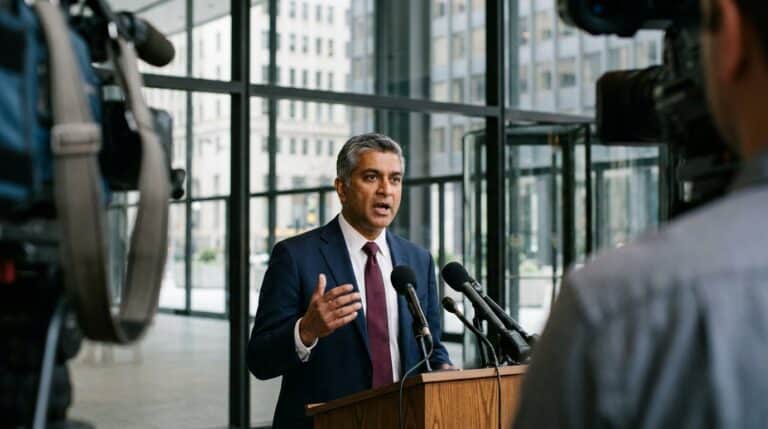 Attorney speaking to the press from a podium at the Daley Center in Chicago