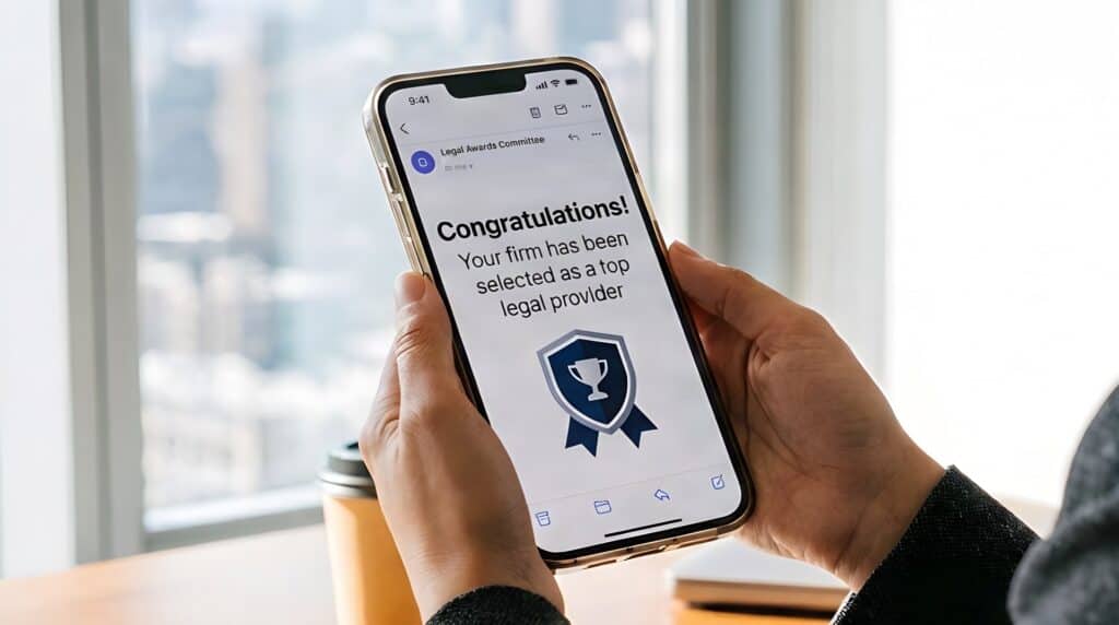 Law Firm Award Email - Berbay Marketing & PR Attorney holding a smartphone showing a law firm award congratulations email