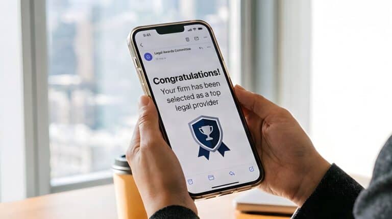 Attorney holding a smartphone showing a law firm award congratulations email