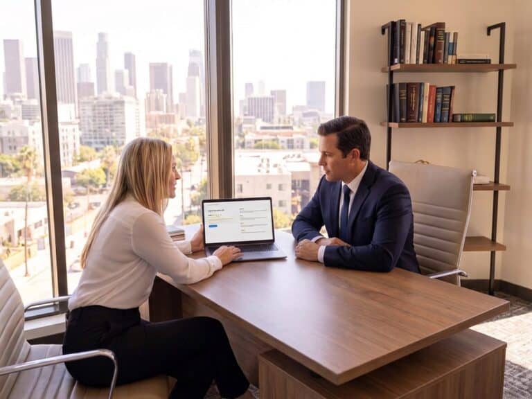A Berbay strategist and a law firm partner review the firm's online client reviews on a laptop.