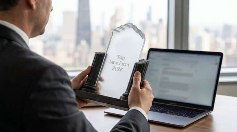 Attorney at his desk holding a frosted glass Top Law Firm 2026 award