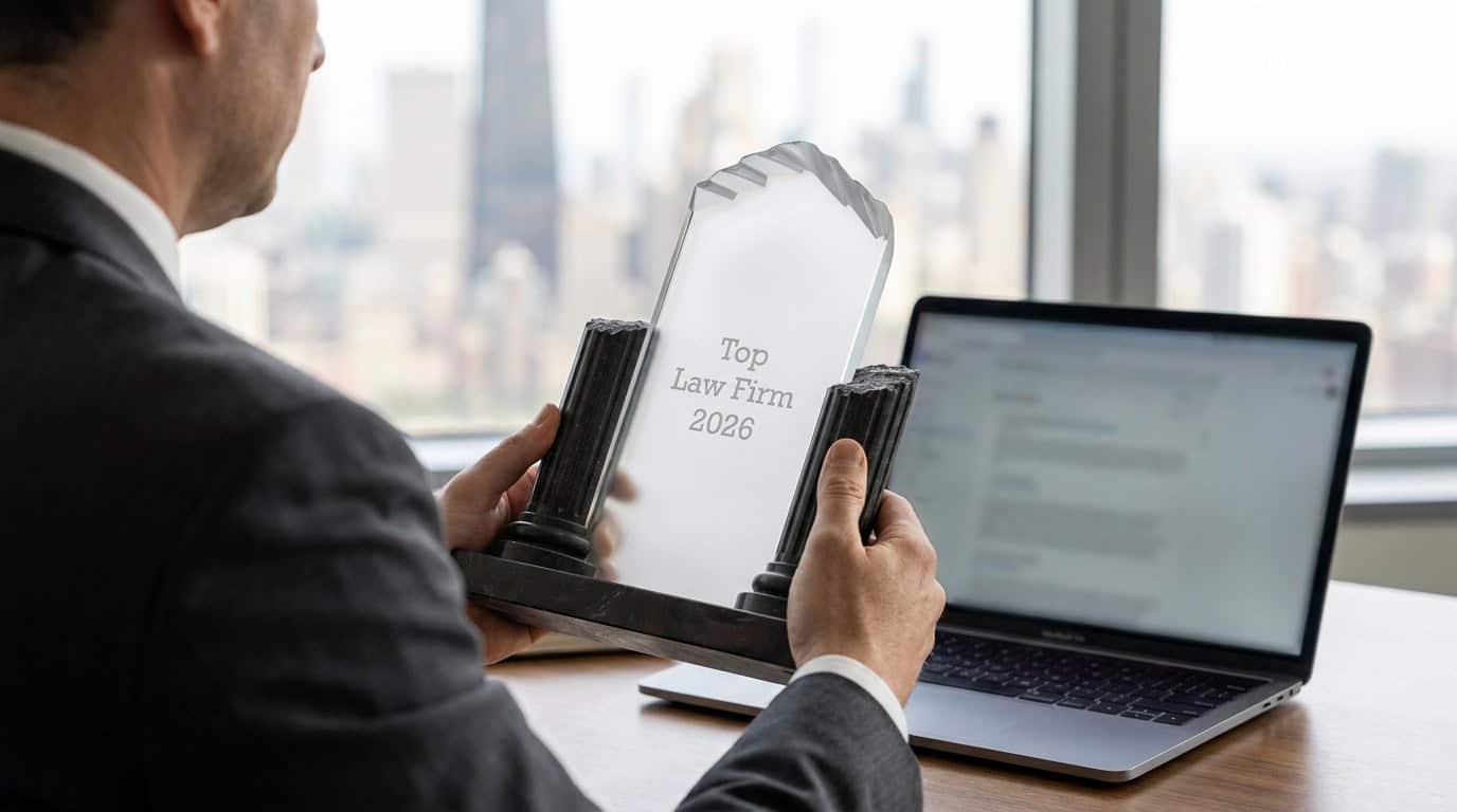 Attorney at his desk holding a frosted glass Top Law Firm 2026 award